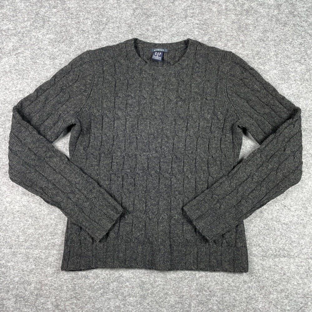 Vintage GAP Sweater Womens S Gray Lambswool Stretch Cable Knit Crew Neck 90s